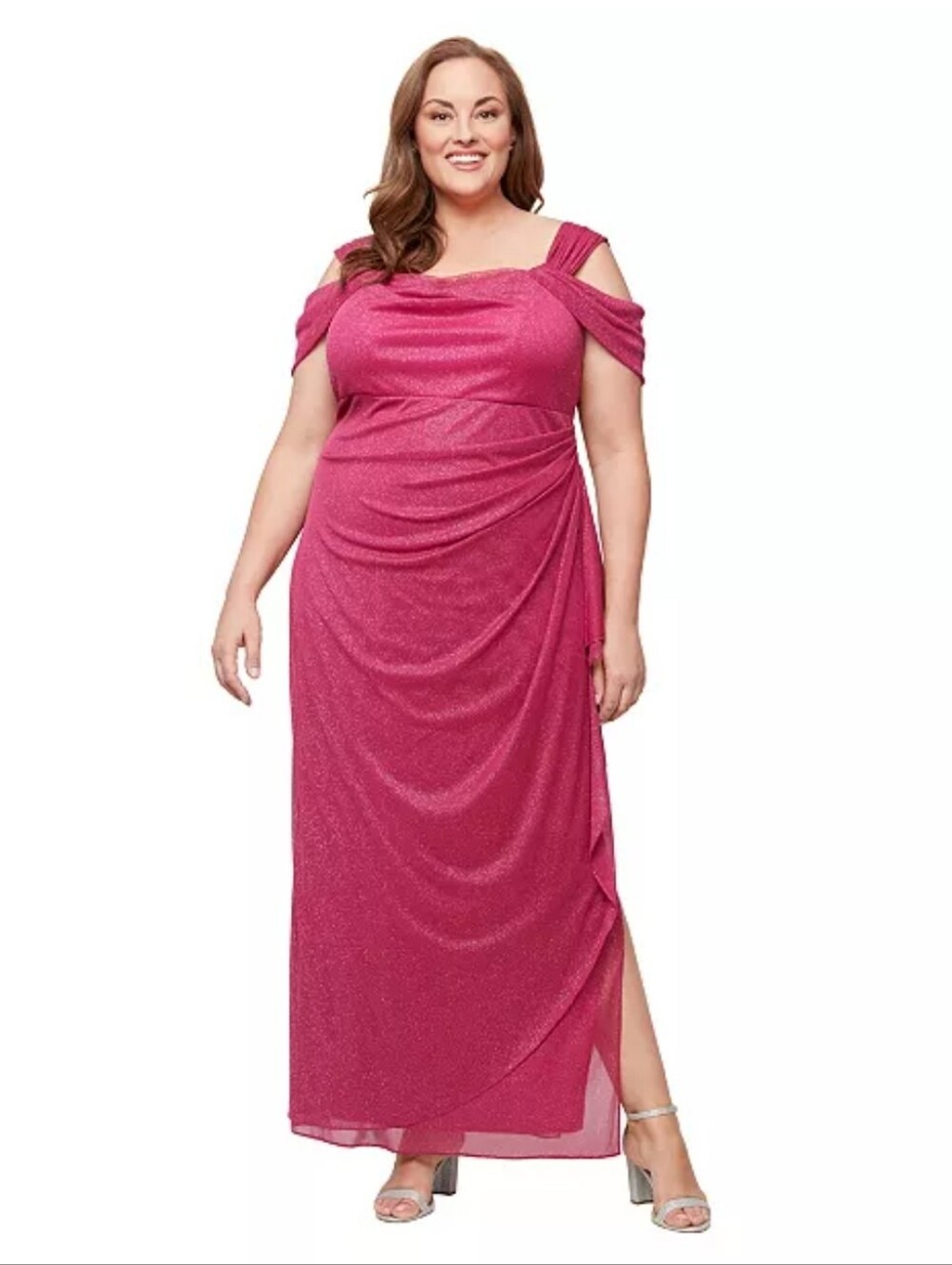 Alex Evenings Pink Glitter Ruched Draped Maxi Gown Dress 18W Formal Evening $169